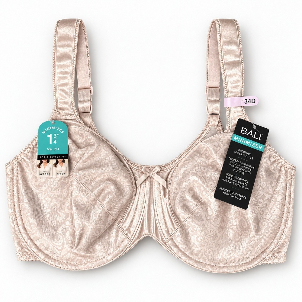 Bali Minimizer Bra 34D Nude Satin Tracings Underwire Comfort Straps DF3562 NEW
